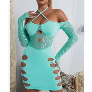 KATCH ME Blue Strap Halterneck Cut Out Spandex Bodycon Dress Small